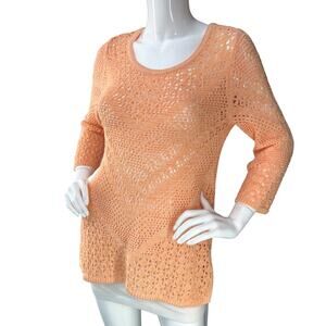 Chicos Womens Size 0 US S Sweater Open Knit Long Sleeve Lightweight Orange